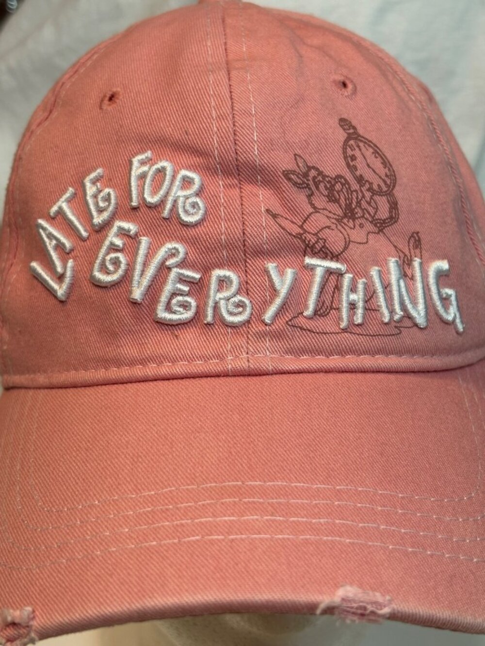 Late For Everything Pink Distressed Baseball Cap With Embroidered White Rabbit D